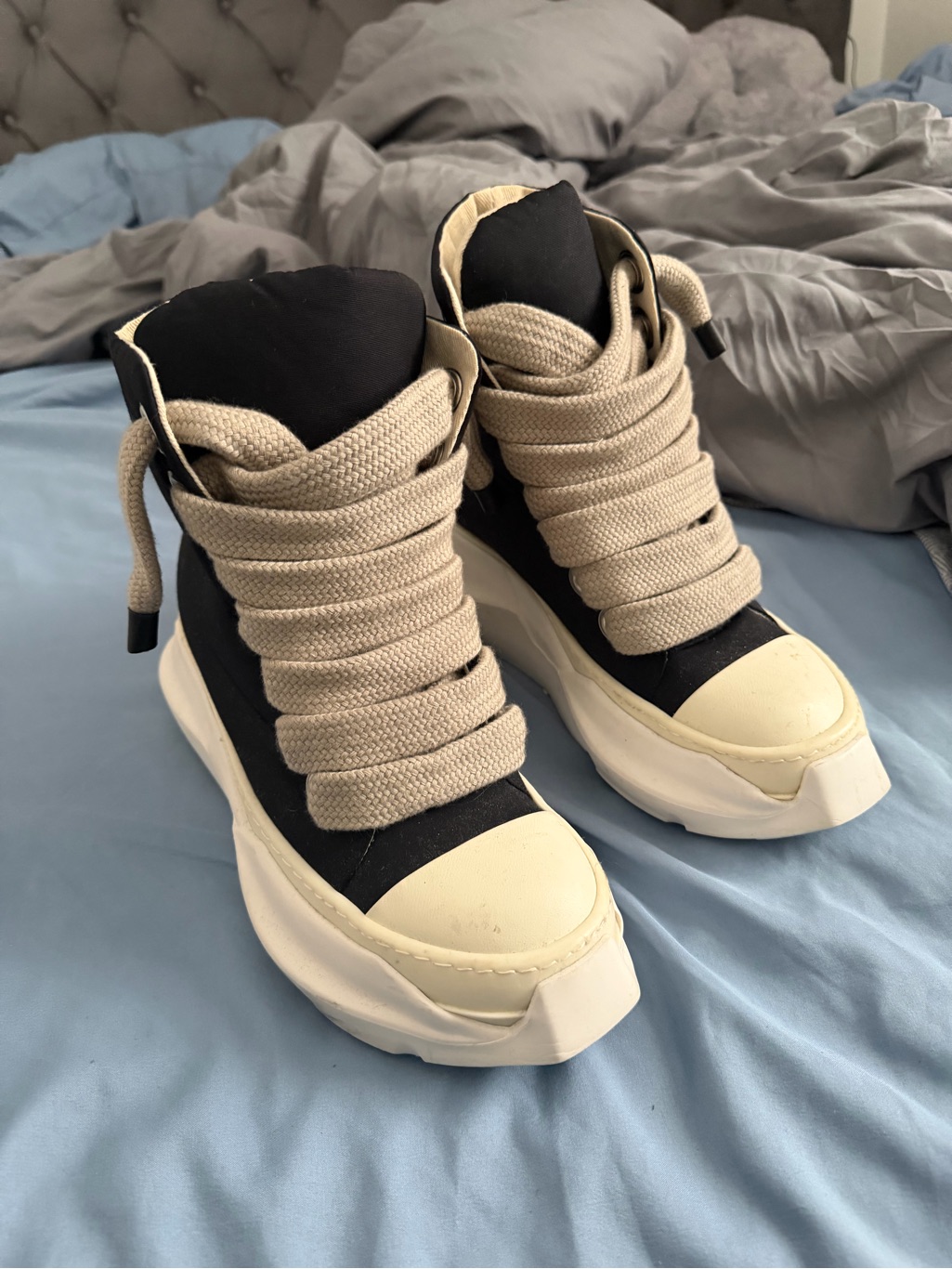Rick Owens Black And Cream High-Top Platform Lace-Up Sneakers